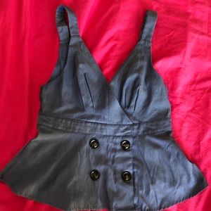 Peplum Double Breasted Button Front Faux-Jean Blue Top